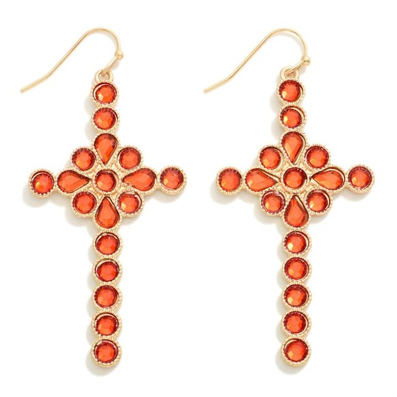 * NWT BOUTIQUE Long Gold Tone Rhinestone Cross Earrings - Picture 1 of 1